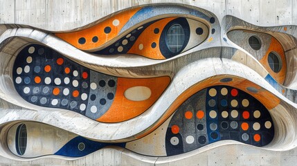 Obraz premium Abstract architectural design featuring colorful patterns and wavy shapes on a concrete surface