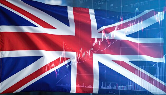 UK flag overlayed with stock market charts - Powered by Adobe