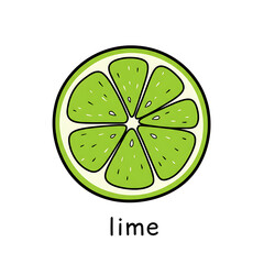 Minimal flat doodle vector illustration of a lime slice with handwritten label
