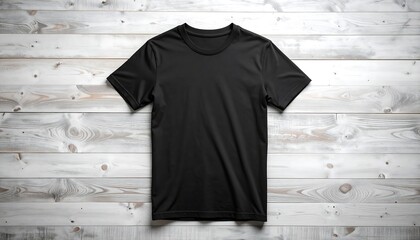 Black t-shirt on light wood planks