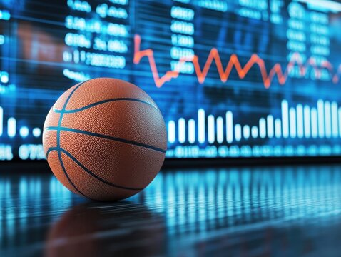 A basketball rests on a polished court. Behind it, animated graphs and statistics illustrate player performance and game analysis, creating a blend of sports and technology.