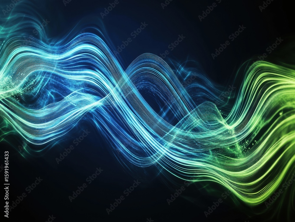 Poster bright blue and green light waves gracefully flow and intertwine against a dark background. the vibr