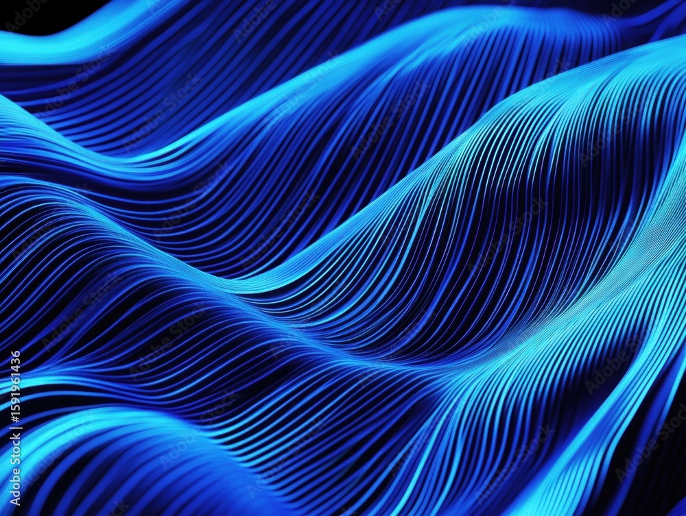 Poster blue waves undulate across a dark background, showcasing intricate lines and light. this abstract de