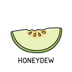 Minimal flat doodle vector illustration of a honeydew slice with handwritten label