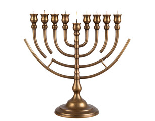 Rustic Menorah on Wooden Surface with Melting Candle Wax, Angled Top View, Transparent Background