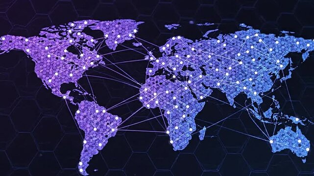World map with hexagonal pattern illuminated dots and connecting lines on a dark background