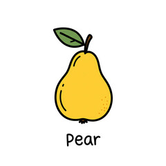 Minimal flat doodle vector illustration of a yellow pear with handwritten label
