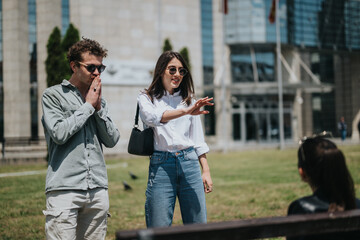 Friends casually interacting near a modern building, enjoying conversation while standing in...