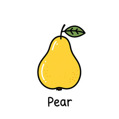 Minimal flat doodle vector illustration of a yellow pear with handwritten label
