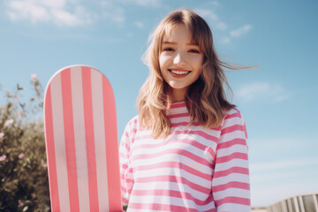 Young woman smiling while holding a stylish pink striped skateboard against a sunny blue sky and vibrant greenery