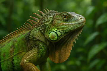 Obraz premium Close up of green iguana resting on tree branch in tropical rainforest