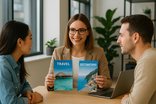 Planning the Perfect Getaway: A travel agent presents various travel destinations, guiding a couple through their next adventure.