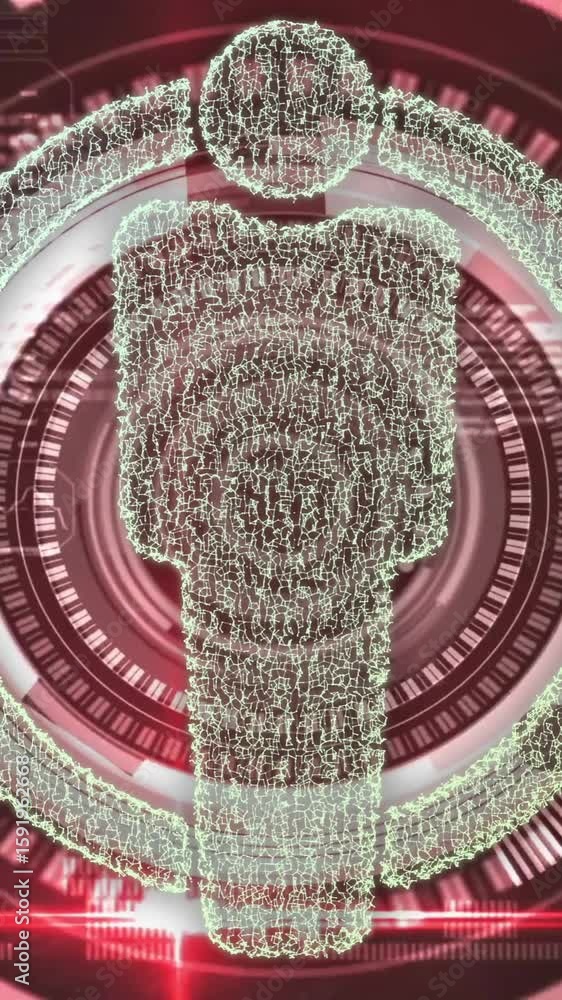 Poster digital human figure and data processing animation over red technological background