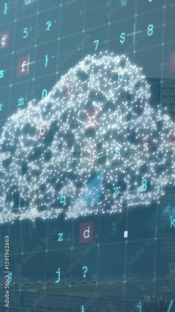 Poster cloud computing concept animation over cityscape with binary code and numbers