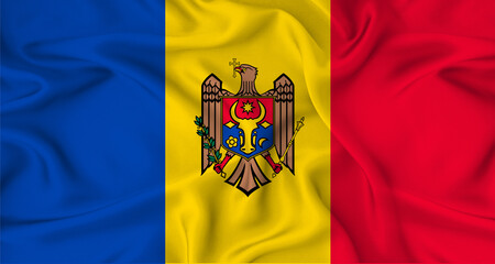 Realistic Moldova flag waving. Close up of flag of Moldova with cloth texture
