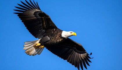 Fototapeta premium Bald eagle soaring against a clear blue sky