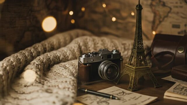 Vintage wanderlust camera Eiffel Tower  maps