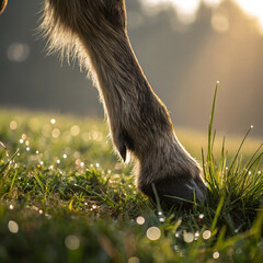 Close-Up of Horse Hoof Grazing on Dewy Grass in Soft Morning Light

