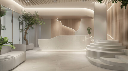 Reception area of a modern dental clinic, luxurious interior with white marble counters, natural stone walls, minimalist design, soft lighting, indoor plants.
