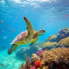 Obraz premium Sea Turtle Swimming Over Coral Reef in Crystal Clear Ocean