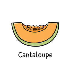 Minimal flat doodle vector illustration of a cantaloupe slice with handwritten label