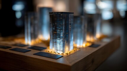 Architectural model of an office tower with investor showcase lighting