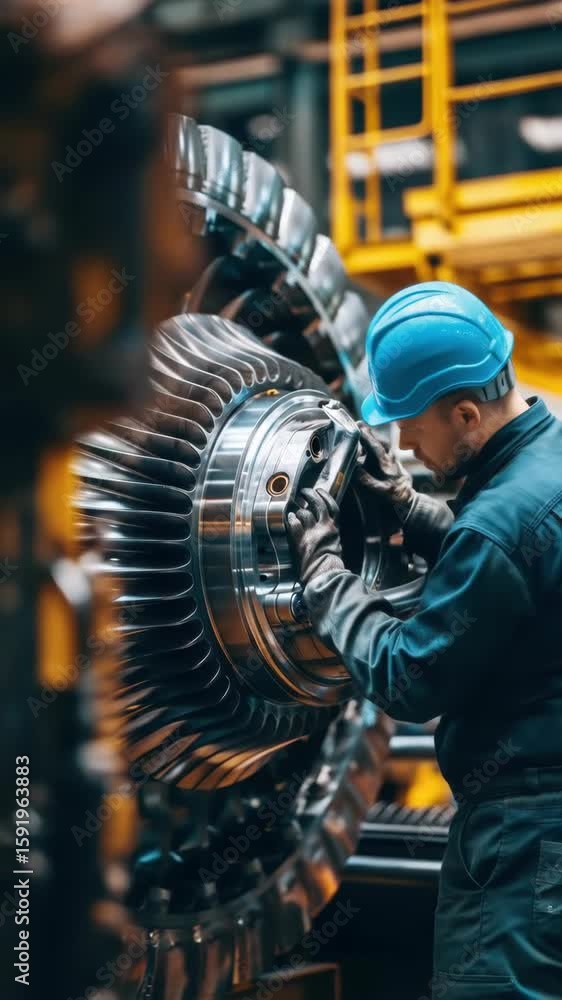 Poster engineer assembling turbine engine part