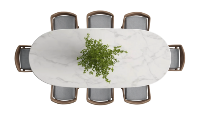 A padded, focused view of an oval yellow table with chairs around it, against a white background, in a top-down view, high-resolution photography.