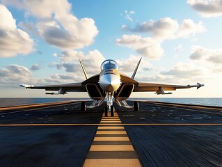 Fototapeta premium A fighter jet sits poised on the deck of an aircraft carrier, ready for takeoff. The sky glows with warm sunset colors, illuminating the scene with dramatic clouds and ocean backdrop.