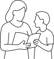 A tender black and white line art illustration depicting a mother and child sharing a quiet moment, reading a book together. Perfect for themes of family, education, love, and childhood bonding