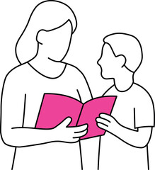 Clean line art of a mother and child reading. Excellent for minimalist designs on family, education, and shared quiet time