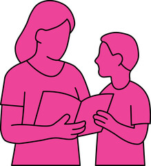 Stylish illustration in pink tones of a mother and child reading. Great for modern designs focusing on family, education, and nurturing bonds
