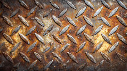 Distressed metal diamond plate background with scratches and rust stains, pattern , decorative element. pattern plate. Illustration
