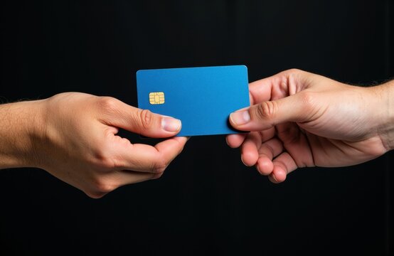 A person hands over a blue credit card to another person against a black background - Powered by Adobe