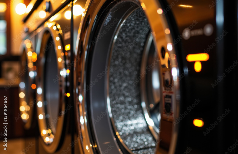 Poster front-loading washing machines lined up in a laundromat with warm lighting creating reflections and 