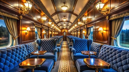 Photo of luxurious vintage train carriage interior with plush seating and ornate lighting