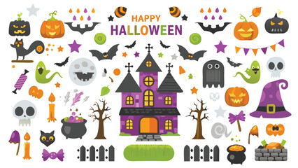 Fototapeta premium A colorful halloween themed illustration featuring pumpkins ghosts bats and a spooky haunted house scene design
