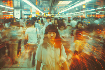 Obraz premium Young woman standing still in crowded train station with light trails