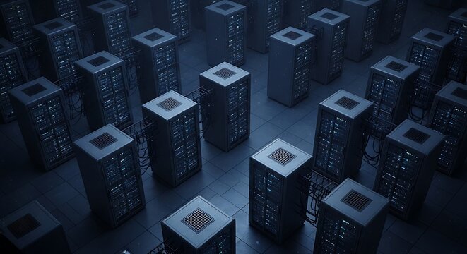 Rows of server racks in a data center, illuminated with blue light, suggesting computing power and storage.
