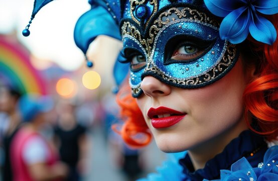 Colorful carnival mask worn by a woman with vibrant red hair and striking makeup