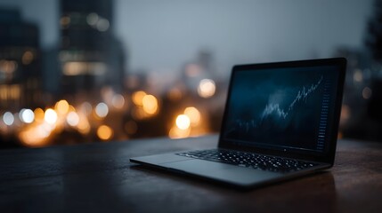 Laptop displaying investment data with urban backdrop