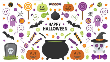 Happy halloween themed vector art with pumpkins ghosts bats and candies in a festive arrangement