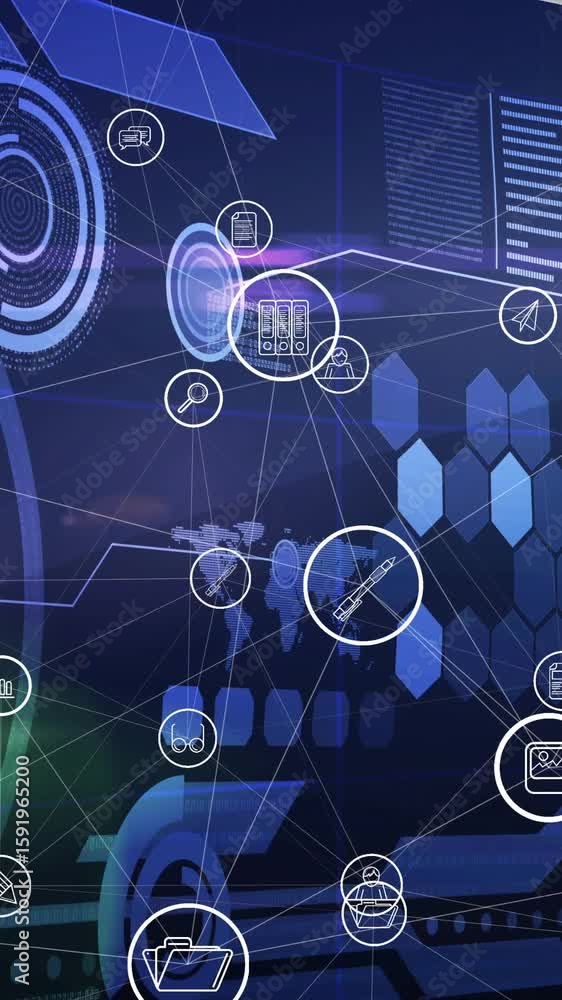 Poster animation of network of connections with digital icons over data processing in background