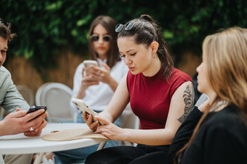 A group of young adults sits together outdoors, each captivated by their smart phone activities....