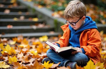 Child reading book outdoors during autumn with fallen leaves and steps in background