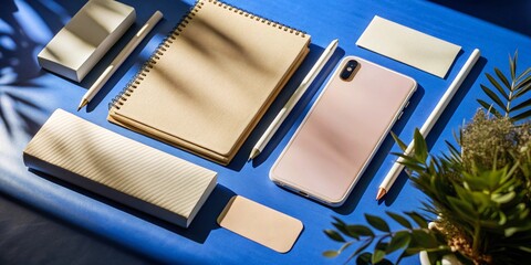 Photo of a modern flat lay of stationery, a smartphone, and a plant on a vibrant blue surface