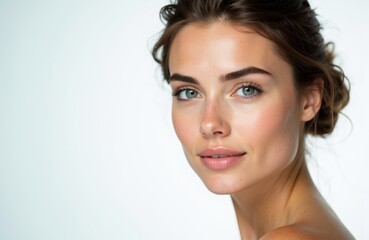 Naklejka premium Woman with clear skin and natural makeup looking at camera with a soft smile