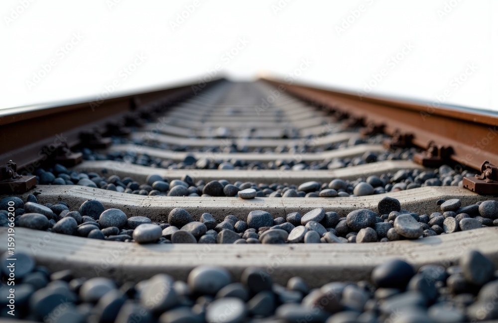 Poster a close-up view of railway tracks extending into the distance with a blurred background