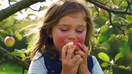 Joyful child savoring apple in orchard with sunlit smiles and playful expressions - Powered by Adobe