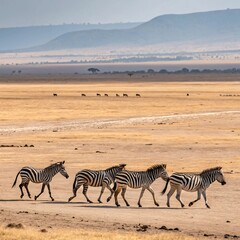 Zebras Walking in African Savannah Landscape